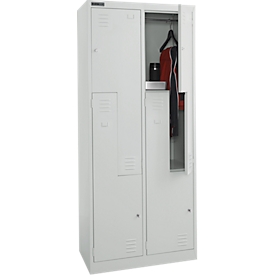 Schäfer Shop Select Kleiderspind, 4 Abteile mit Hutboden & Kleiderstange sowie 4 Fächer, Z-Türen, Zylinderschloss, mit Sockel, B 800 x T 450 x H 1850 mm, Stahl pulverbeschichtet, lichtgrau/lichtgrau