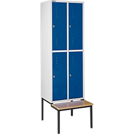 Schäfer Shop Select Kleiderspind, mit Sitzbank, 2x2 Abteile, 300mm, Drehriegelverschluss, lichtgrau/enzianblau