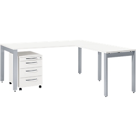 Schäfer Shop Select Komplettset LOGIN, 4-Fuß Schreibtisch 1800 mm, 4-Fuß Anbautisch, Rollcontainer, weiß