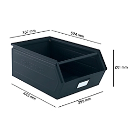 Schäfer Shop Select magazijnbak met open voorzijde, met draagbeugel, L 524 x B 307 x H 201 mm, 26 l, 120 kg, staal, RAL 5008 (grijsblauw)