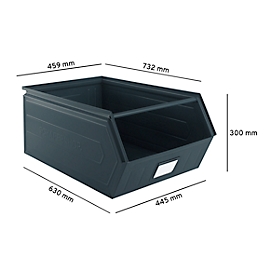 Schäfer Shop Select magazijnbak met open voorzijde, met draagbeugel, L 732 x B 459 x H 300 mm, 84 l, 180 kg, staal, RAL 5008 (grijsblauw)
