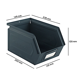 Schäfer Shop Select magazijnbak met open voorzijde, staal, L 238 x B 149 x H 128 mm, 3,5 l, 8 kg, RAL 5008 (grijsblauw)