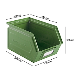 Schäfer Shop Select magazijnbak met open voorzijde, staal, L 238 x B 149 x H 128 mm, 3,5 l, 8 kg, RAL 6011 (resada groen)