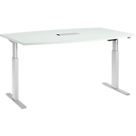 Schäfer Shop Select Mesa de reuniones ERGO-T, pata en T, forma de barca, módulo de conexiones, ajustable en altura eléctr. 1 nivel, An 2000 x Al 718-1188 mm, gris luminoso 