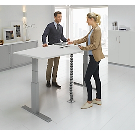 Schäfer Shop Select Mesa de reuniones ERGO-T, pata en T, forma de barca, módulo de conexiones, ajustable en altura eléctr. 2 niveles, An 2000 x Al 645-1305 mm, gris luminoso 