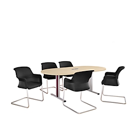 Schäfer Shop Select Mesa de reuniones Planova, ovalada incl. módulo de conexiones, 2000 x 1000 mm, acabado en arce, molduras decorativas burdeos violeta