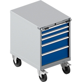 Schäfer Shop Select Mobiele gereedschapskast WSK 27-36, 5 laden, H 920 mm, enkele vergrendeling, staal, 75 kg max. belasting, wit aluminium/gentiaanblauw