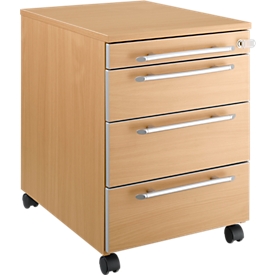 Schäfer Shop Select Moxxo IQ 1233 mobile filing cabinet on castors, rounded handle, 1 utensil compartment, 3 drawers, W 432 x D 580 x H 595 mm, lockable, beech finish