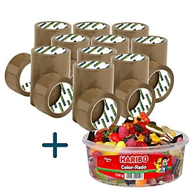 Schäfer Shop Select Packband, L 66 m x B 50 mm, braun, 36 Rollen + GRATIS Haribo Color-Rado 750 g Party-Box 