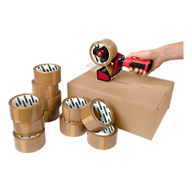 Schäfer Shop Select packing tape with dispenser, for secure sealing of packages, 12 rolls, brown