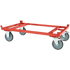 Schäfer Shop Select Paletten-Fahrgestell, bis 700 kg, Lenk- und Bockrollen, TPE-Reifen/Polypropylen-Radfelge, B 835 x T 1235 x H 350 mm, Stahlrohr, rot