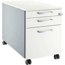 Schäfer Shop Select pedestal móvil 126, 1 cajón, HR y utensilios extraíbles, asas redondas, blanco-alu/blanco-alu/blanco