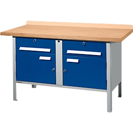Schäfer Shop Select PWi 150-0 werkbank met kasten, beuken multiplexplaat, tot 750 kg, B 1500 x D 700 x H 840 mm, gentiaanblauw/blank aluminium