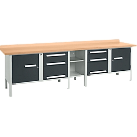 Schäfer Shop Select PWi 300-2 tafelmodel werkbank, beuken multiplexplaat, tot 750 kg, B 3000 x D 700 x H 840 mm, antraciet/lichtgrijs