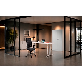 Schäfer Shop Select Schreibtisch, elektrisch höhenverstellbar, Rechteck, T-Fuß, B 1600 x T 800 x H 645-1290 mm, lichtgrau/weißaluminium 