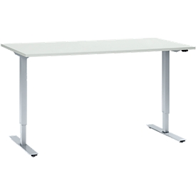 Schäfer Shop Select Schreibtisch, elektrisch höhenverstellbar, Rechteck, T-Fuß, B 1600 x T 800 x H 705-1205 mm, lichtgrau/weißaluminium