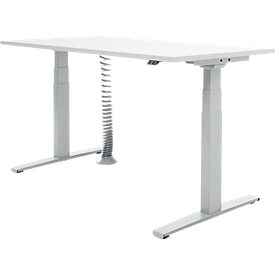 Schäfer Shop Select Schreibtisch, elektrisch höhenverstellbar, T-Fuß, B 1600 x T 800 x H 645-1290 mm, weiß/weißaluminium + Kabelspirale