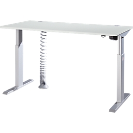 Schäfer Shop Select Schreibtisch ERGO-T, elektrisch höhenverstellbar, Rechteck, T-Fuß, B 1600 x T 800 x H 725-1185 mm, lichtgrau/weißaluminium, Kabelspirale