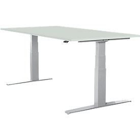 Schäfer Shop Select Schreibtisch LOGIN, elektrisch höhenverstellbar, Rechteck, T-Fuß, B 1600 x T 800 x H 645-1290 mm, lichtgrau/weißaluminium 
