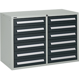 Schäfer Shop Select Schubladenschrank SF 120, 12 Schübe mit Etikettenschildern, abschließbar, B 1055 x T 500 x H 723 mm, lichtgrau RAL7035/anthrazitgrau RAL 7016