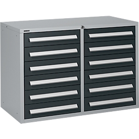 Schäfer Shop Select Schubladenschrank SF 120, 12 Schübe mit Etikettenschildern, abschliessbar, B 1055 x T 500 x H 723 mm, weissaluminium RAL 9006/anthrazitgrau RAL 7016