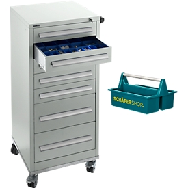 Schäfer Shop Select Schubladenschrank SFR 70, 7 Schübe, mit Rollen, lichtgrau RAL 7035/lichtgrau RAL 7035 + gratis Tragekasten Carry