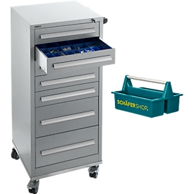 Schäfer Shop Select Schubladenschrank SFR 70, 7 Schübe, mit Rollen, weißaluminium RAL 9006/weißaluminium RAL 9006+ gratis Tragekasten Carry