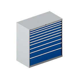 Schäfer Shop Select Schubladenschrank WSK 78–36 E, Stahl, 10 Schübe, 75 kg Traglast, B 1431 mm x T 725 mm x H 1450 mm, weißalu/enzianblau