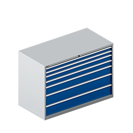Schäfer Shop Select Schubladenschrank WSK 78–36 E, Stahl, 7 Schübe, 75 kg Traglast, B 1431 mm x T 725 mm x H 1000 mm, weißalu/enzianblau