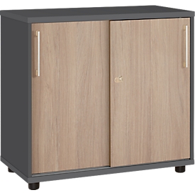 Schäfer Shop Select schuifdeurkast, van hout, 2 legborden, B 800 mm x D 421 x H 750 mm,grafiet/eiken