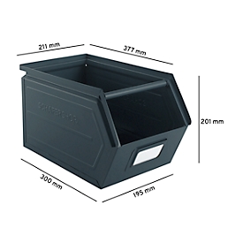 Schäfer Shop Select Sichtlagerkasten, mit Tragestab, L 377 x B 211 x H 201 mm, 11,5 l, 60 kg, Stahl, RAL 5008 (graublau)