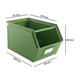 Schäfer Shop Select Sichtlagerkasten, mit Tragestab, L 377 x B 211 x H 201 mm, 11,5 l, 60 kg, Stahl, RAL 6011 (resadagrün)