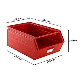 Schäfer Shop Select Sichtlagerkasten, mit Tragestab, L 524 x B 307 x H 201 mm, 26 l, 120 kg, Stahl, RAL 3000 (feuerrot)