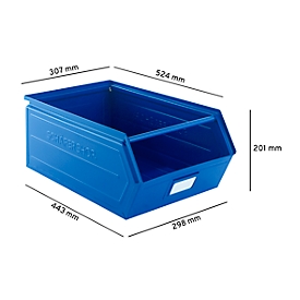 Schäfer Shop Select Sichtlagerkasten, mit Tragestab, L 524 x B 307 x H 201 mm, 26 l, 120 kg, Stahl, RAL 5015 (himmelblau)