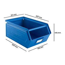 Schäfer Shop Select Sichtlagerkasten mit Tragestab, Stahl, L 359 x B 211 x H 145 mm, 8,5 l, 60 kg, RAL 5015 (himmelblau)