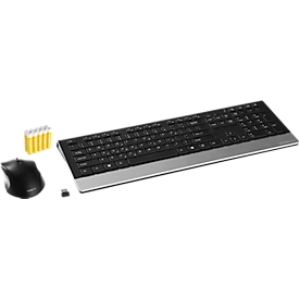 Schäfer Shop Select Sparset Funktastatur & Funkmaus, QWERTZ, Handballenauflage, 5-Tasten-Maus, schwarz-silber, inkl. 10 x Micro AAA Batterien mit 1,5 V