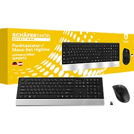 Schäfer Shop Select Sparset teclado y ratón inalámbricos Highline, QWERTZ, reposamanos, ratón con 5 teclas, hasta 1600 dpi, hasta 10 m, negro-plateado