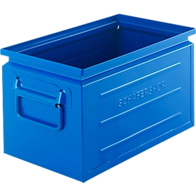 Schäfer Shop Select stapelbak, inhoud 13,4 l, 80 kg, inklapbare handgrepen, L 379 x B 207 x H 200 mm, plaatstaal, blauw RAL 5015