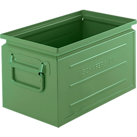 Schäfer Shop Select stapelbak, inhoud 13,4 l, 80 kg, inklapbare handgrepen, L 379 x B 207 x H 200 mm, plaatstaal, groen RAL 6011