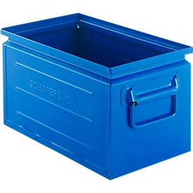 Schäfer Shop Select Stapelbox, Volumen 13,4 l, 80 kg, Faltgriffe, L 379 x B 207 x H 200 mm, Stahlblech, blau RAL 5015