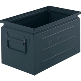 Schäfer Shop Select Stapelbox, Volumen 13,4 l, 80 kg, Faltgriffe, L 379 x B 207 x H 200 mm, Stahlblech, grau/blau RAL 5008