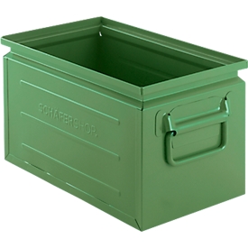 Schäfer Shop Select Stapelbox, Volumen 13,4 l, 80 kg, Faltgriffe, L 379 x B 207 x H 200 mm, Stahlblech, grün RAL 6011