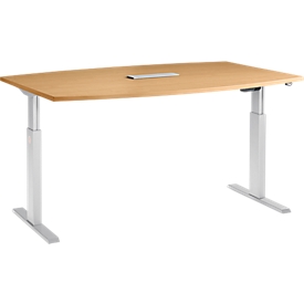 Schäfer Shop Select Table de réunion ERGO-T, pieds en T, forme bateau, Netbox, 1 niveau de rég. élect. de la hauteur, l. 2000 x H 718-1188 mm, hêtre 