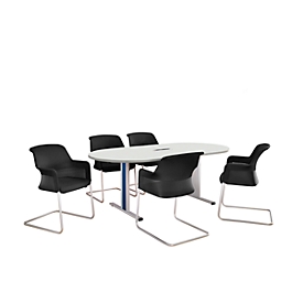 Schäfer Shop Select Table de réunion Planova, ovale avec Netbox, 2000 x 1000 mm, blanc, bandeaux bleu gentiane