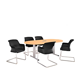 Schäfer Shop Select Table de réunion Planova, ovale avec Netbox, 2000 x 1000 mm, coloris hêtre, bandeaux alu blanc