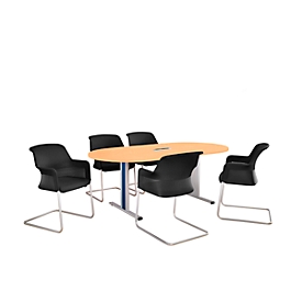 Schäfer Shop Select Table de réunion Planova, ovale avec Netbox, 2000 x 1000 mm, coloris hêtre, bandeaux bleu gentiane