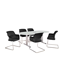 Schäfer Shop Select Table de réunion Planova, ovale avec Netbox, 2000 x 1000 mm, gris clair, bandeaux alu blanc
