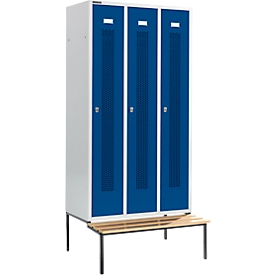 Schäfer Shop Select Taquilla, con banco, 3 compartimentos, 300 mm, cierre de pasador giratorio, puerta azul genciana