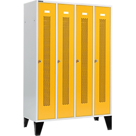 Schäfer Shop Select Taquilla con franjas perforadas, 4 compartimentos, con patas, cierre de pasador giratorio, puerta amarillo colza