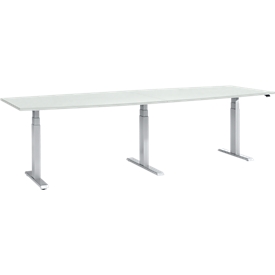 Schäfer Shop Select Tisch, elektrisch höhenverstellbar, Boot, T-Fuß, B 2800 x H 640-1300 mm, lichtgrau/weißaluminium